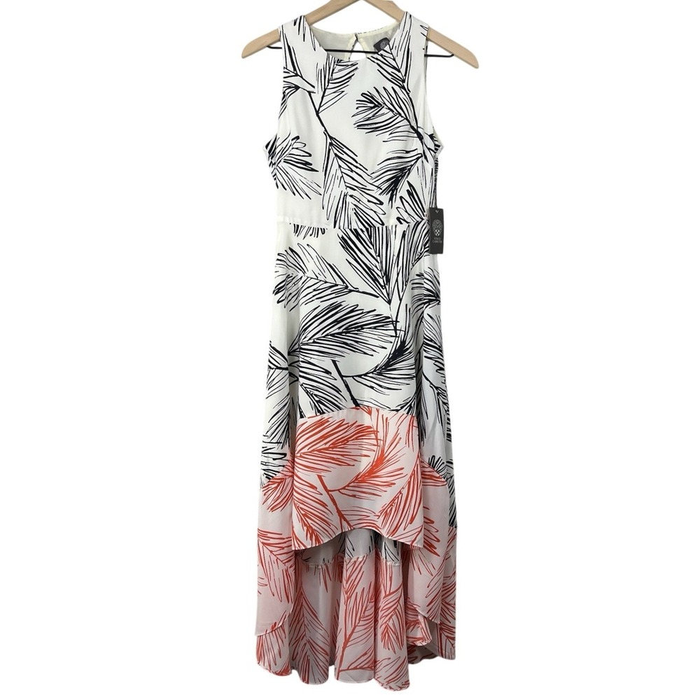 Vince Camuto Palm Leaf Print High-Low Dress Sleeveless White Black Coral Size 4